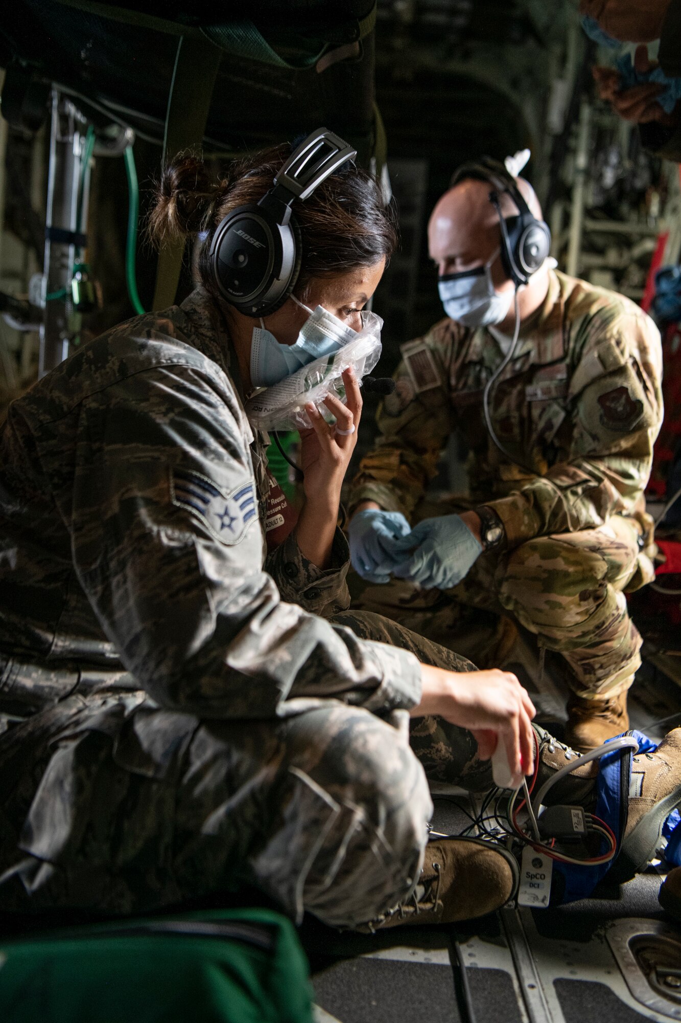 Airmen with  923nd Airlift Wing, Aeromedical Evacuation Squadron, conduct Aero Medical Evacuation Readiness Mission (ARMS-Mission) training, on a C-130J from 314th Airlift Wing, August 6, 2020. ARMS-Mission training is required for AES Airmen to maintain their mission readiness.(U.S. Air Force photo by Senior Airman Brooke Spenner)