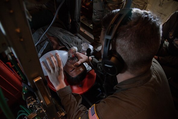 Airmen with  923nd Airlift Wing, Aeromedical Evacuation Squadron, conduct Aero Medical Evacuation Readiness Mission (ARMS-Mission) training, on a C-130J from 314th Airlift Wing, August 6, 2020. ARMS-Mission training is required for AES Airmen to maintain their mission readiness.(U.S. Air Force photo by Senior Airman Brooke Spenner)