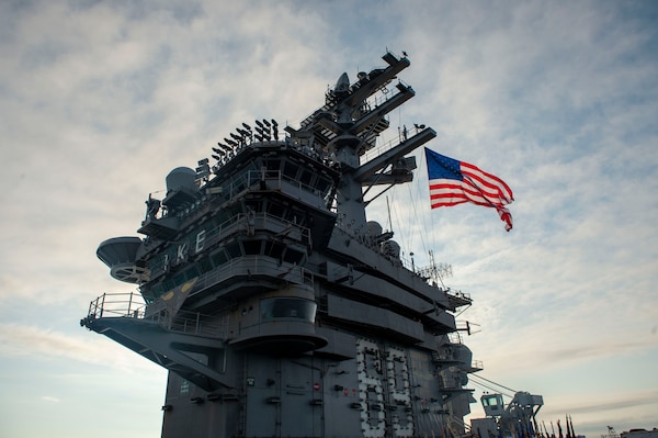 The Nimitz-class aircraft carrier USS Dwight D. Eisenhower (CVN 69) returns to Naval Station Norfolk.