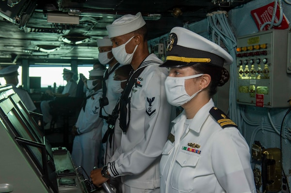 Sailors navigate the ship in the bridge of the Nimitz-class aircraft carrier USS Dwight D. Eisenhower (CVN 69). Ike returns to Naval Station Norfolk, Va.