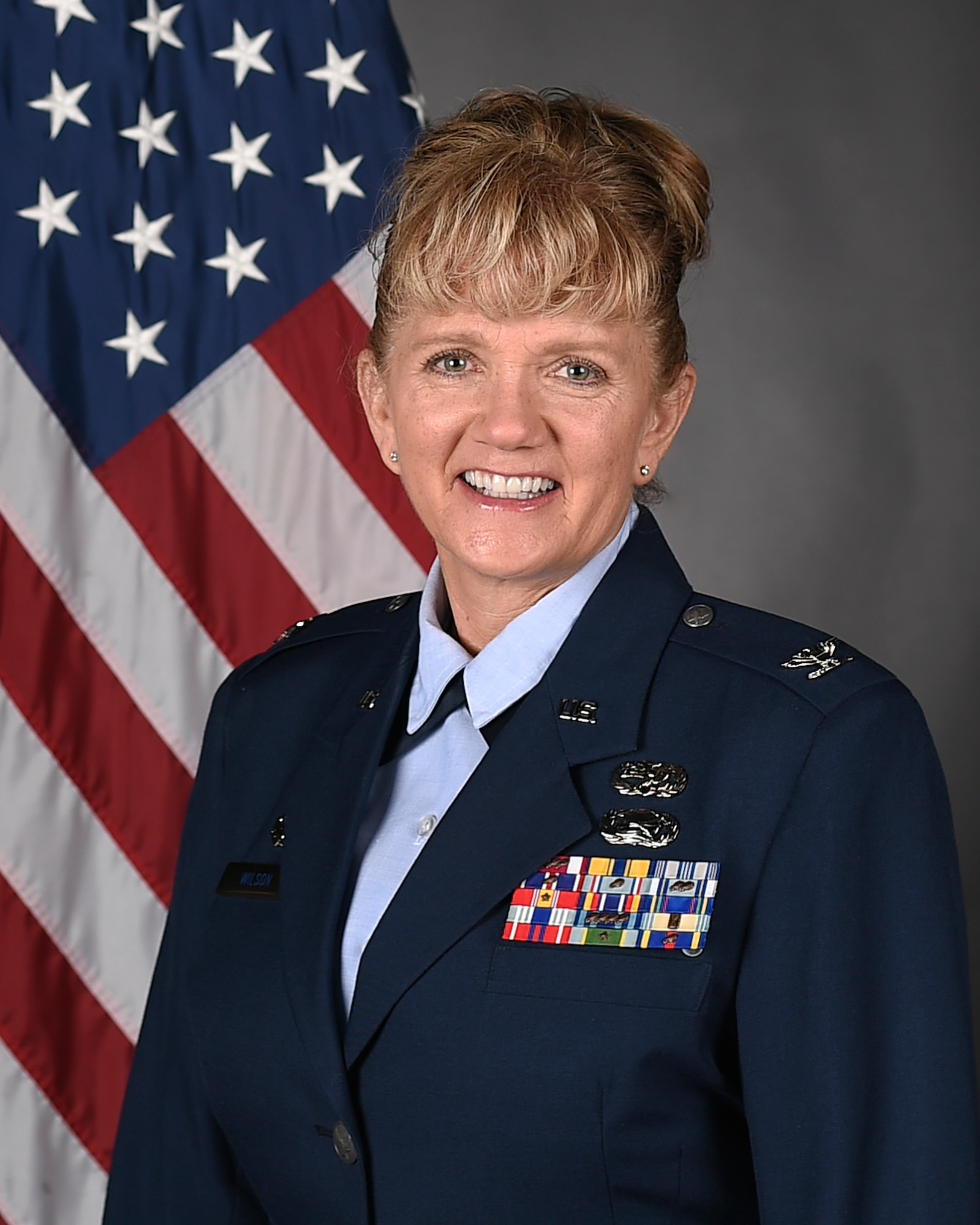 Col. Sandra Wilson, 162nd Wing Vice Commander, poses for an official photo. Col. Wilson assumed the vice commander position in June 2020, and she is the first female and non-rated officer to hold that title. (U.S. Air National Guard Photo by Senior Master Sgt. Charles Givens/Released)