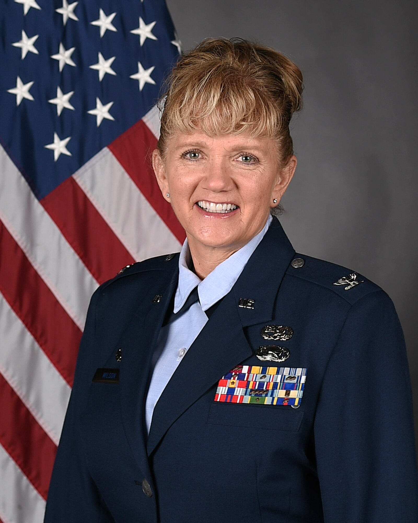 Col. Sandra Wilson, 162nd Wing Vice Commander, poses for an official photo. Col. Wilson assumed the vice commander position in June 2020, and she is the first female and non-rated officer to hold that title. (U.S. Air National Guard Photo by Senior Master Sgt. Charles Givens/Released)