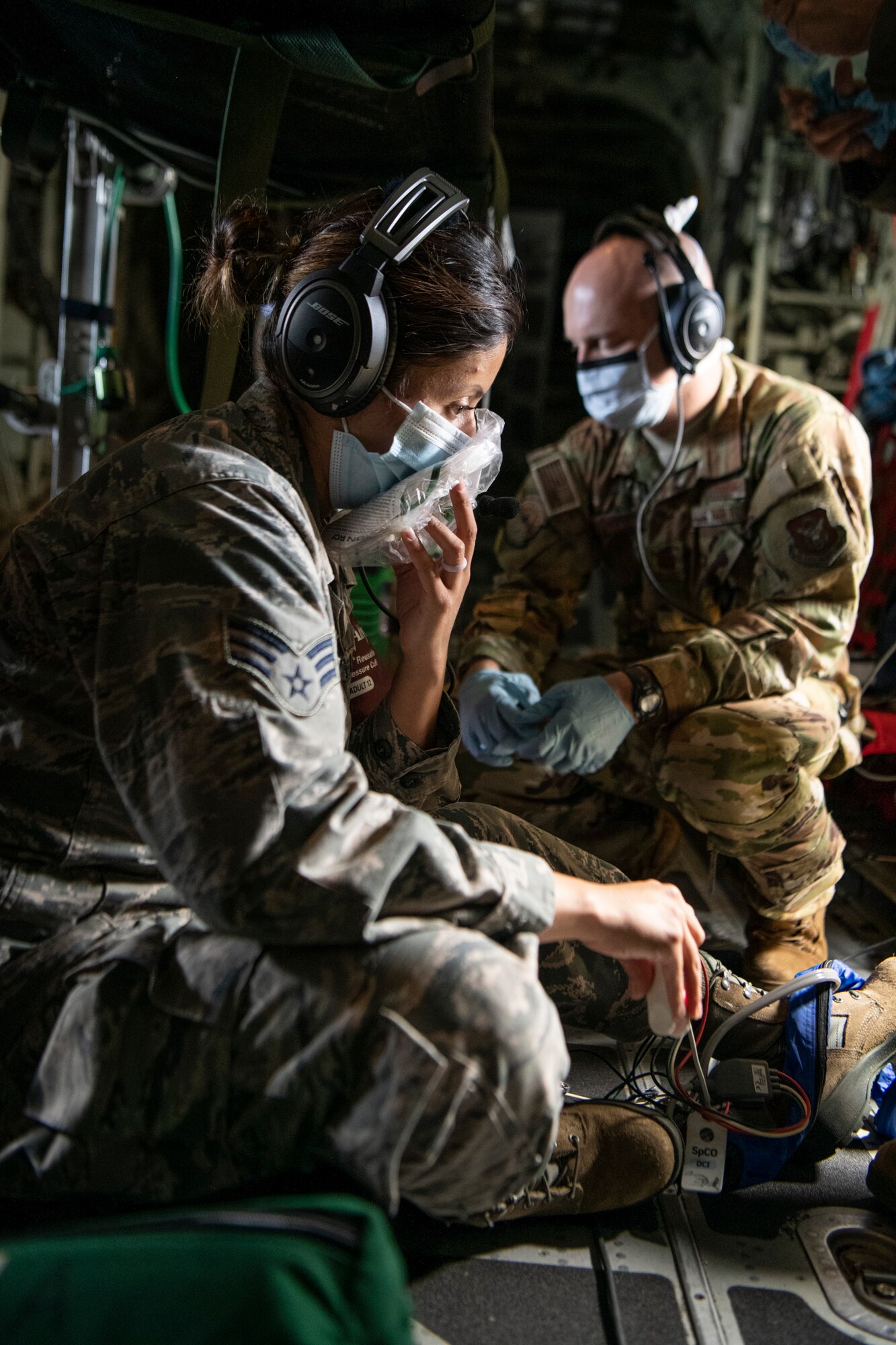 Airmen with 923nd Airlift Wing, Aeromedical Evacuation Squadron, conduct Aero Medical Evacuation Readiness Mission training on a C-130J from the 314th Airlift Wing, Aug. 6, 2020. ARMS-Mission training is required for AES Airmen to maintain mission readiness. (U.S. Air Force photo by Senior Airman Brooke Spenner)