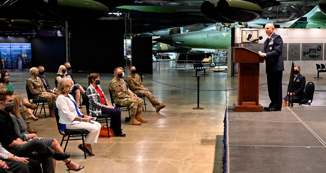 Lt. Gen. Carl Schaefer, Air Force Materiel Command Deputy Commander, expresses his gratitude to his family, friends, coworkers and those unable to be present at the live ceremony, Aug. 7, following his promotion to lieutenant general at the National Museum of the United States Air Force, Wright-Patterson Air Force Base, Ohio. (photo by Darrius Parker)