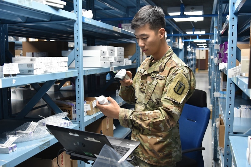 A Soldier with the U.S. Army Medical Materiel Center-Korea inventories medical supplies in a warehouse. The Army’s newest 1-star command will project and sustain medical materiel capabilities and data for the Army and joint force. Army Medical Logistics Command, a major subordinate command of Army Materiel Command, reached initial operational capability June 1 and is expected to be fully operational Oct. 1. (Courtesy Asset)