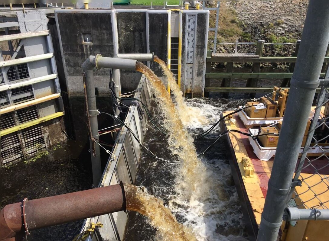 Multiple pumps are used to pump water out of the lock chamber for several hours or even overnight.