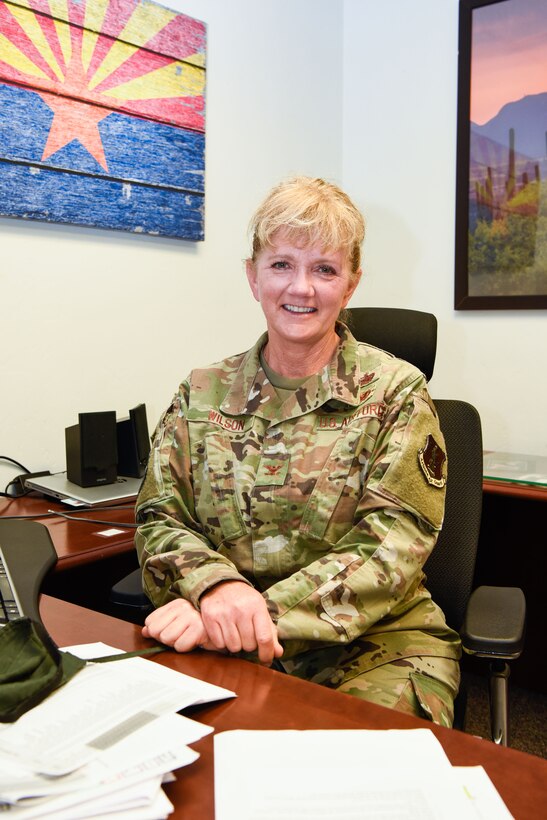 Col. Sandra Wilson, 162nd Wing Vice Commander, Arizona Air National Guard, works at her desk at Morris Air National Guard Base, Tucson, Ariz., July 26, 2020. Col. Wilson assumed the vice commander position in June 2020, and she is the first female and non-rated officer to hold that title. (U.S. Air National Guard Photo by Tech. Sgt. H. Edward Stramler/Released)