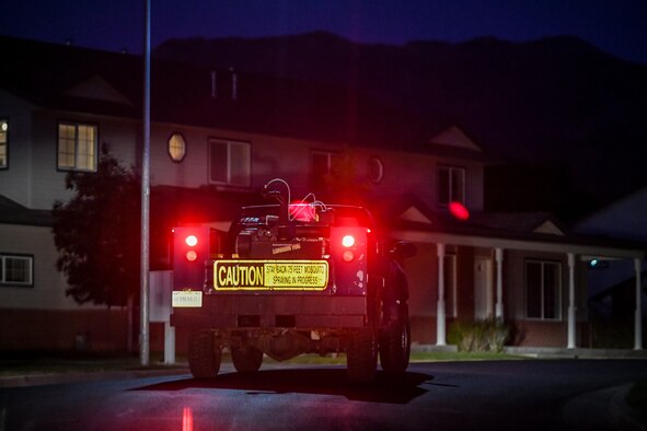The 75th Civil Engineer Squadron’s Pest Management Section fogs with a non-hazardous contact insecticide spray for mosquitoes Aug. 6, 2020, around Hill Air Force Base, Utah. Residents are encouraged to remain indoors during the operation. If outside during the fogging operation, residents should not come closer than 75 feet from the direct spray.  (U.S. Air Force photo by Cynthia Griggs)