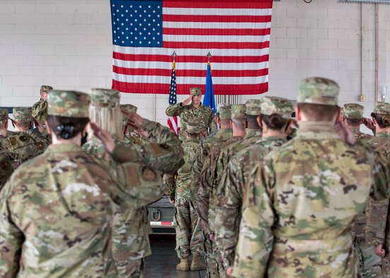 Lt. Col. Raymond Kerr, renders his first salute as he takes command of the 4th Civil Engineer Squadron at Seymour Johnson Air Force Base, North Carolina, August 10, 2020.