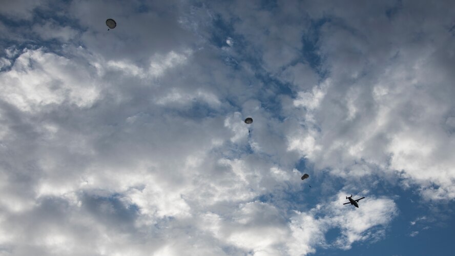 A photo of an Airman performing a parachute jump