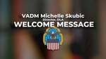 Words "VADM Michelle Skubic, Director, DLA, Welcome Message" against a blurred background with the DLA logo of an eagle, stars and stripes.