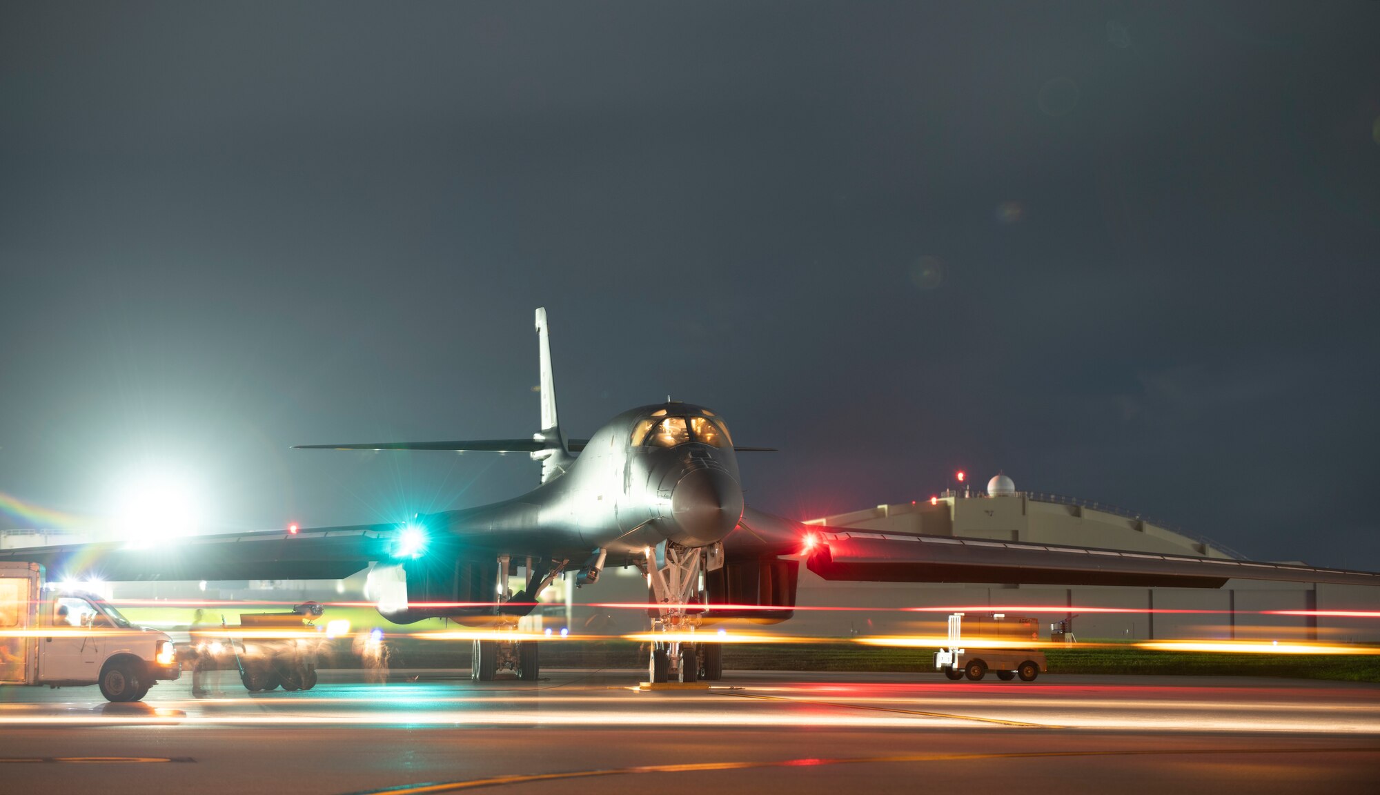 A B-1B Lancer, rests on the flightline ahead of a 16-hour Bomber Task Force mission from Andersen Air Force Base, Guam, Aug. 6, 2020. The mission was not in direct response to specific actions taken by any nation, but rather enabled crews to remain ready to respond with lethal capability to any potential crisis or challenge across the globe. (U.S. Air Force photo by Airman 1st Class Christina Bennett)