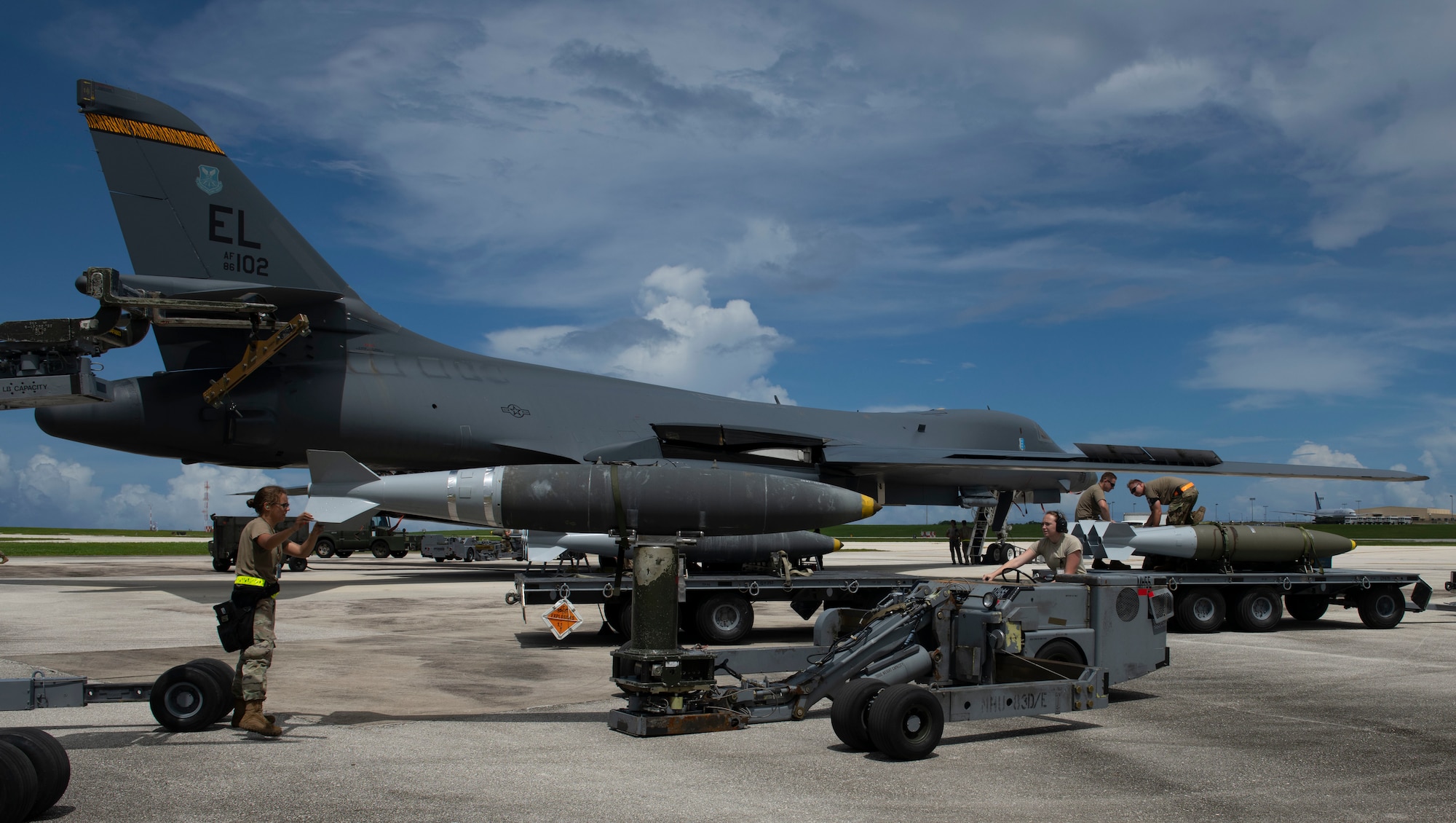 Load crew members, assigned to the 28th Aircraft Maintenance Squadron, 37th Aircraft Maintenance Unit use a munitions lift truck, to load a GBU-38 Joint Direct Attack Munition into a B-1B Lancer, ahead of a 16-hour Bomber Task Force mission to Australia from Andersen Air Force Base, Guam, Aug. 5, 2020. Bomber Task Force maintainers ensure the bombers, equipment, and munitions are ready – anytime, anywhere. (U.S. Air Force photo by Airman 1st Class Christina Bennett)