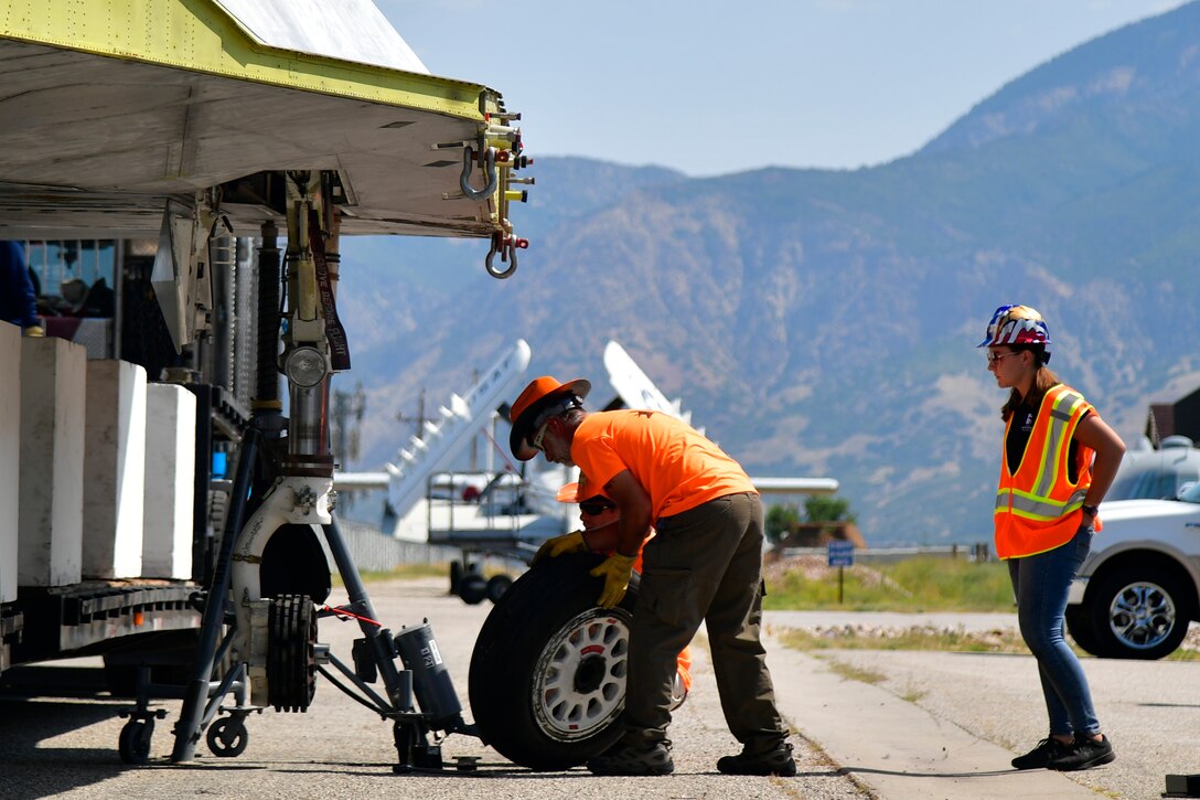Tonopah Test Range and Hill personnel unload a Lockheed F-117A Aug. 5, 2020, at the Hill Aerospace Museum at Hill Air Force Base, Utah. Tail number 799 was the first operational airframe of a small fleet of 64 stealth aircraft produced and participated in 54 combat sorties in Desert Storm, Allied Force, and Iraqi Freedom. (U.S. Air Force photo by Todd Cromar)