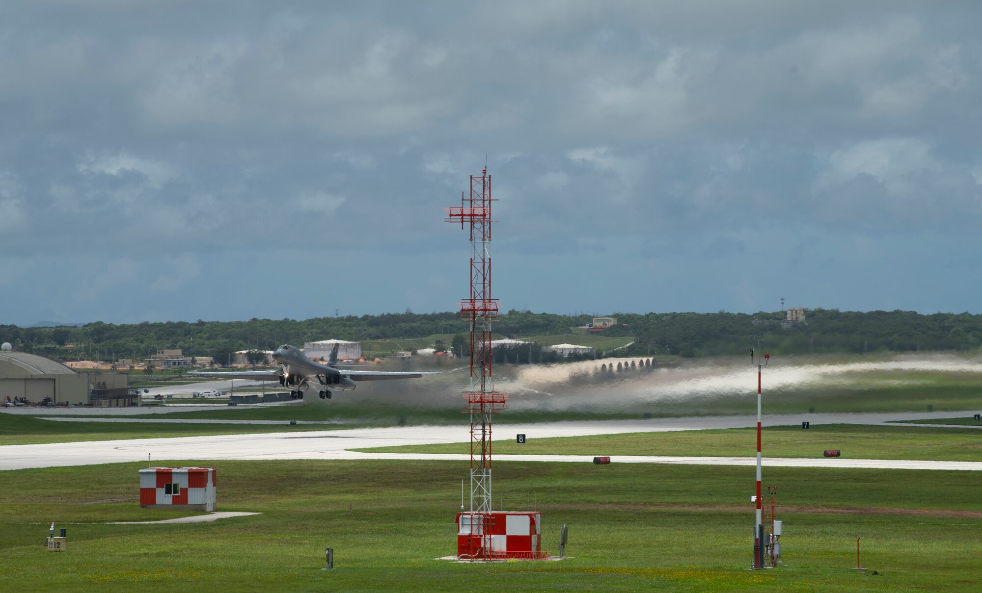 A B-1B Lancer, assigned to the 28th Bomb Wing, departs from Andersen Air Force Base, Guam, ahead of a Bomber Task Force mission in the Indo-Pacific region, Aug. 7, 2020. Strategic bomber missions contribute to the joint lethality and readiness of the U.S. Air Force and its allies and partners throughout the Indo-Pacific region. (U.S. Air Force photo by Airman 1st Class Christina Bennett)