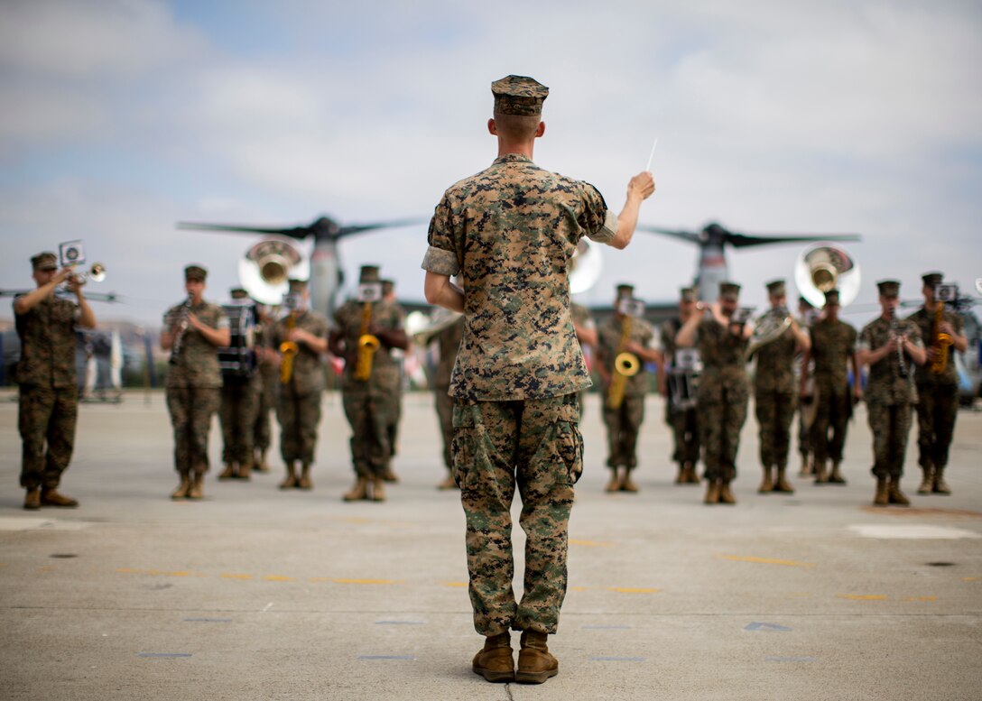 The 3rd Marine Aircraft Wing Band performs prior to the change of command ceremony for Marine Aviation Logistics Squadron 39's change of command ceremony on Marine Corps Air Station Camp Pendleton, Calif., May 30, 2019. The ceremony recognized Lt. Col. Brockmeier for his service and dedication to the Corps and welcomes Lt. Col. Rees III as the new Commanding Officer. (U.S. Marine Corps photo by Cpl. Samuel Ruiz)