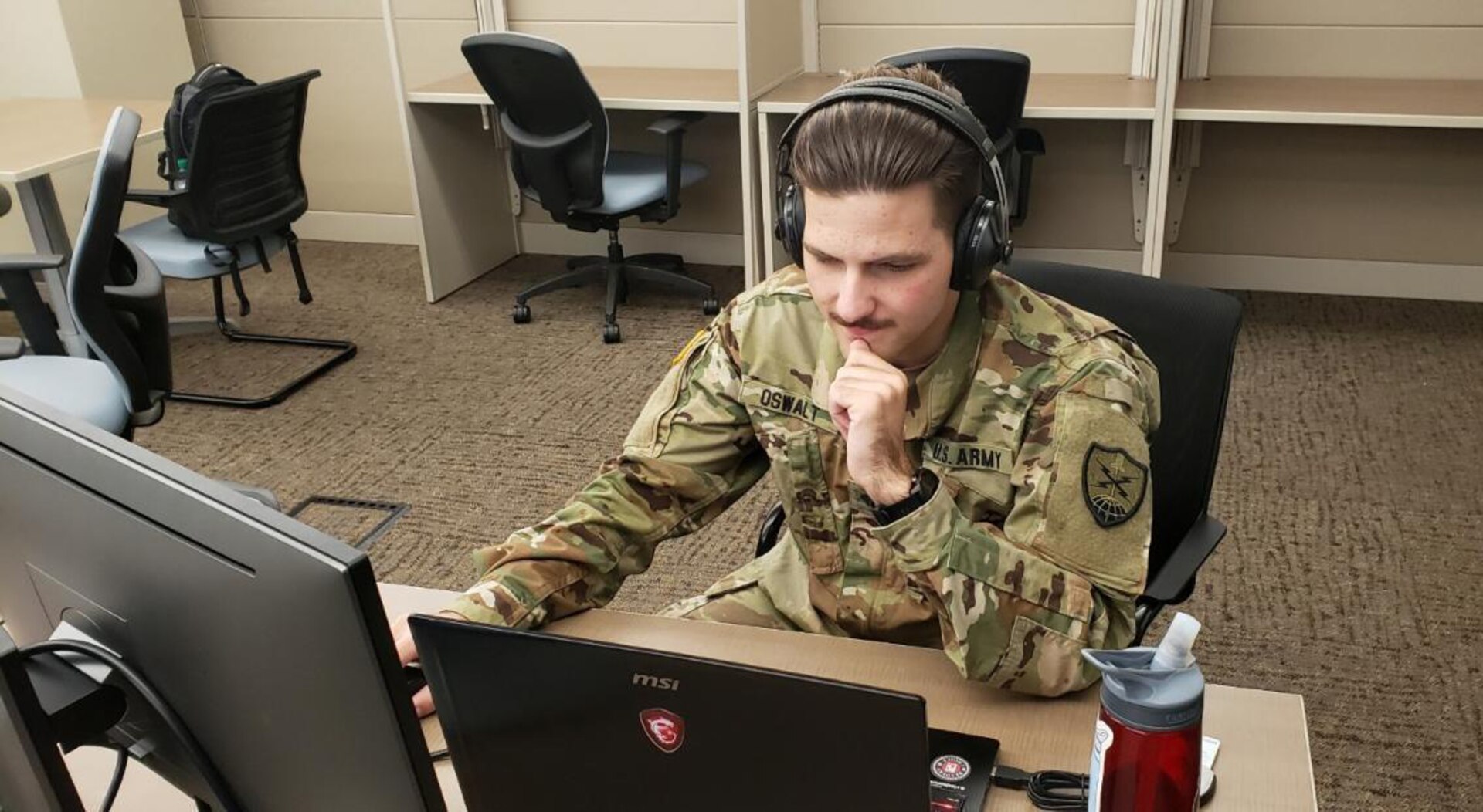 Spc. Quentin Oswalt, 145th Cyber Warfare Company, South Carolina National Guard, intelligence analyst, attended a virtual Basic Leadership Course at the 218th Regional Training Institute at McCrady Training Center in Eastover, South Carolina, in June 2020.