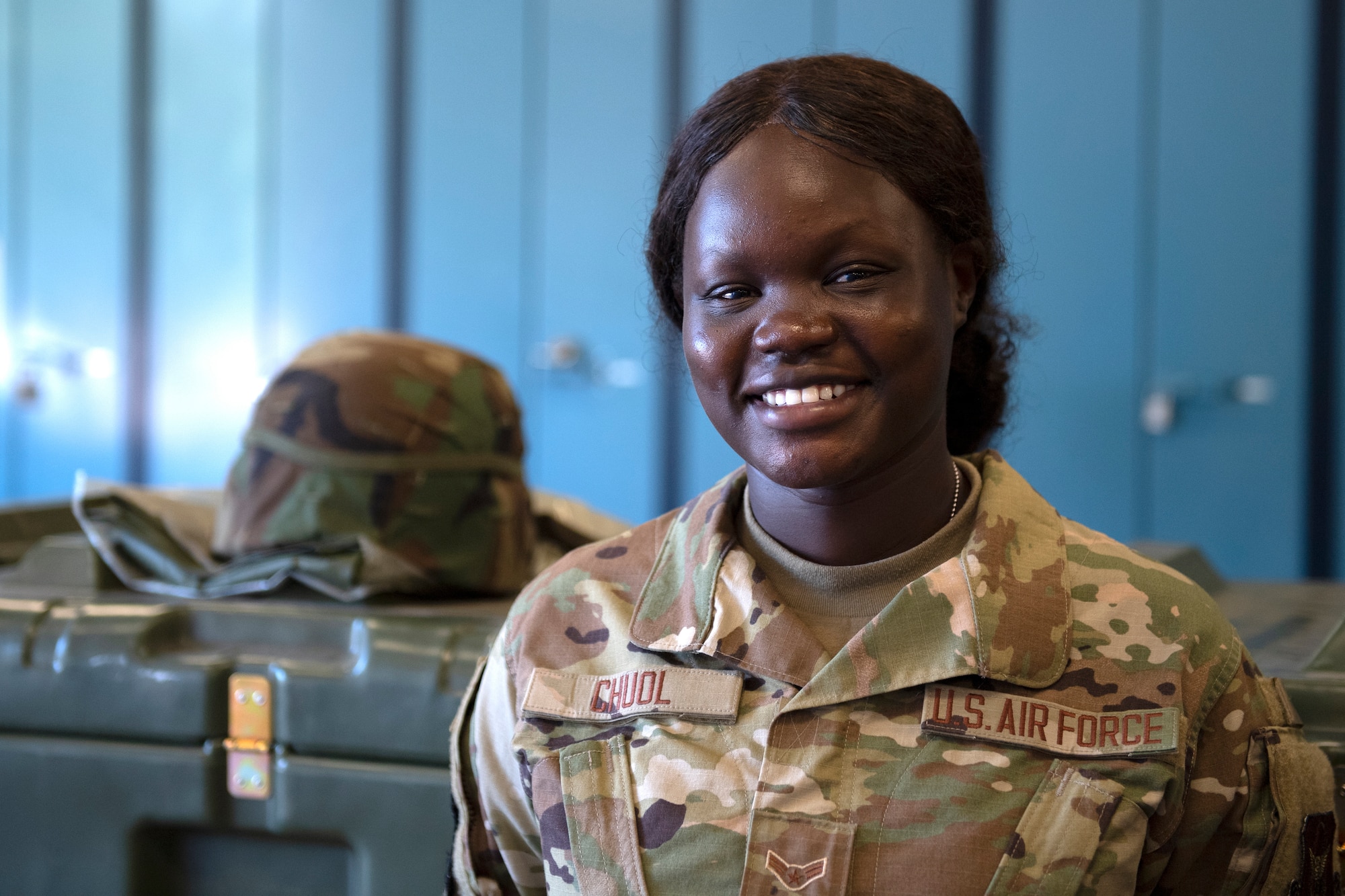 Airman 1st Class Nyarauch Chuol, passenger operations representative with the 32nd Aerial Port Squadron, poses for a photo at the Pittsburgh International Airport Air Reserve Station, July 24, 2020.
