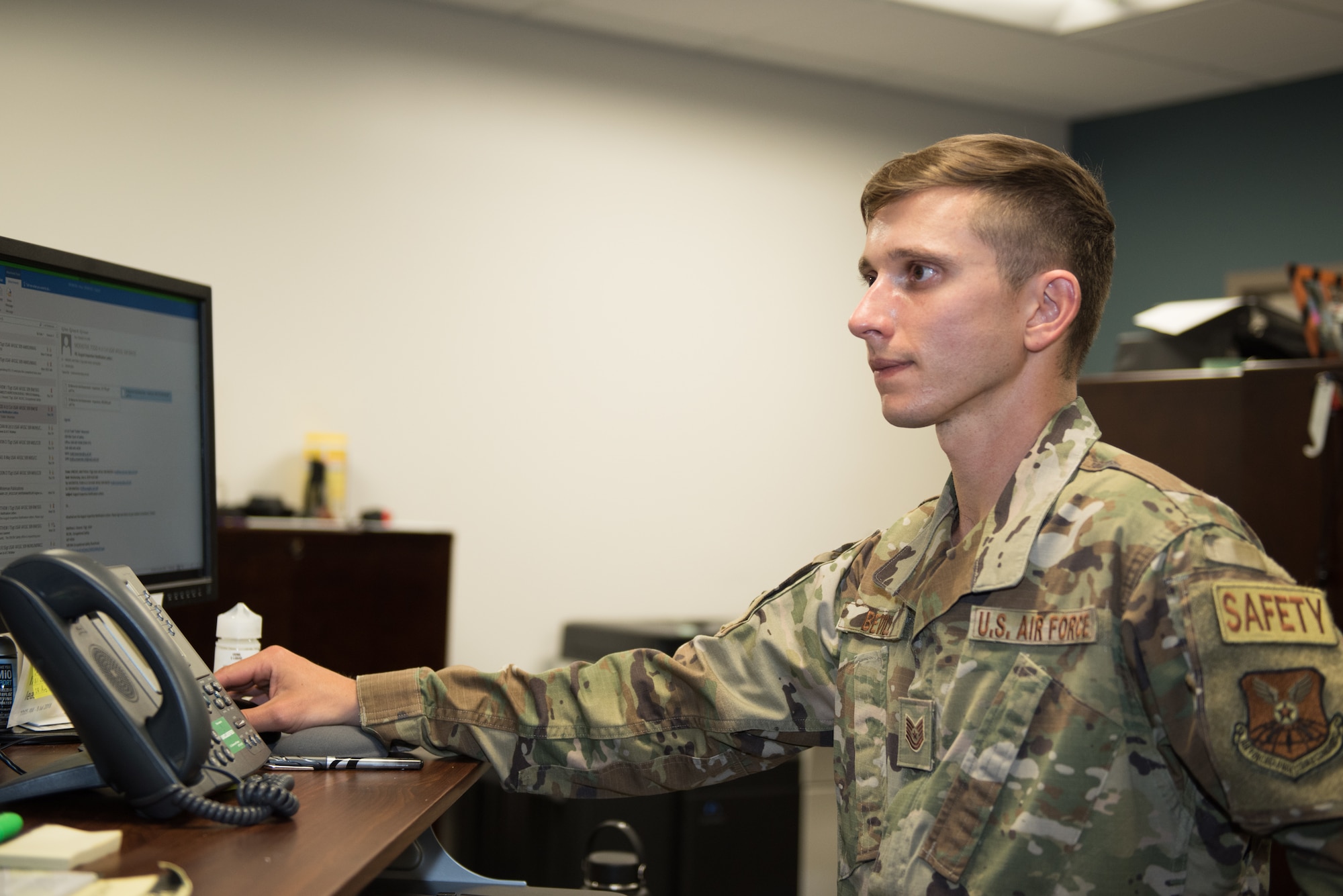 U.S. Air Force Tech. Sgt. Chase Bevill, 509th Bomb Wing safety specialist, fills out a report for a vehicle mishap at Whiteman Air Force Base, Missouri, on July 14, 2020. Safety responds to mishaps to take photos, conduct interviews and evaluate circumstances such as skid marks in an attempt to figure out ‘the why’ behind the mishap. (U.S. Air Force photo by Airman 1st Class Christina Carter)