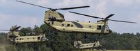 U.S. Army CH-47 Chinook helicopters assigned to B Company, 1st General Support Aviation Battalion, 214th Aviation Regiment, 12th Combat Aviation Brigade carrying U.S. Paratroopers assigned to 173rd Airborne Brigade lift off during Exercise Saber Junction at the 7th Army Training Command's Grafenwoehr Training Area, Germany, Aug. 10, 2020. (U.S. Army photo by Markus Rauchenberger)