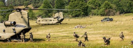 U.S. Army Soldiers assigned to the 12th Combat Aviation Brigade, and the 173rd Airborne Brigade train sling loads and perform air assaults for Saber Junction 20 on Hohenfels Training Area, Germany, August 10, 2020. These exercises are key elements in the movement capabilities of U.S. troops in Europe and this exercise better prepares the participants involved in this training. (U.S. Army photo by Spc. Hunter Garcia)