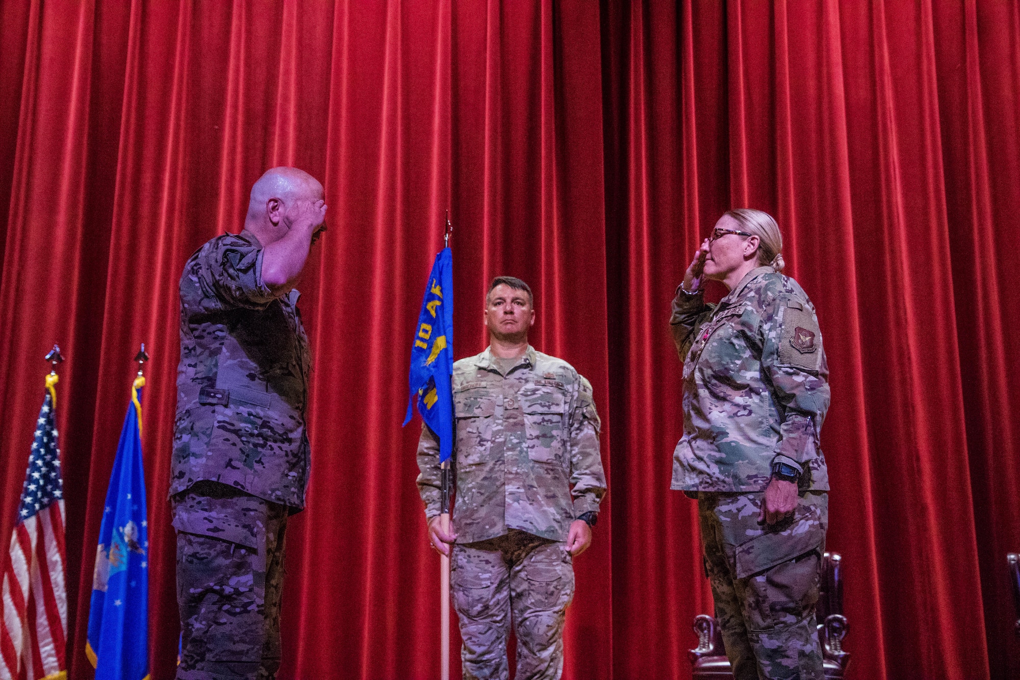 Maj. Gen. Brian Borgen, 10th Air Force commander, presides over a ceremony where Col. Lori Jones relinquishes command of the 960th Cyberspace Wing to Col. Richard Erredge Aug. 9, 2020, at Joint Base San Antonio-Lackland, Texas. (U.S. Air Force photo by Tech. Sgt. Christopher Brzuchalski)