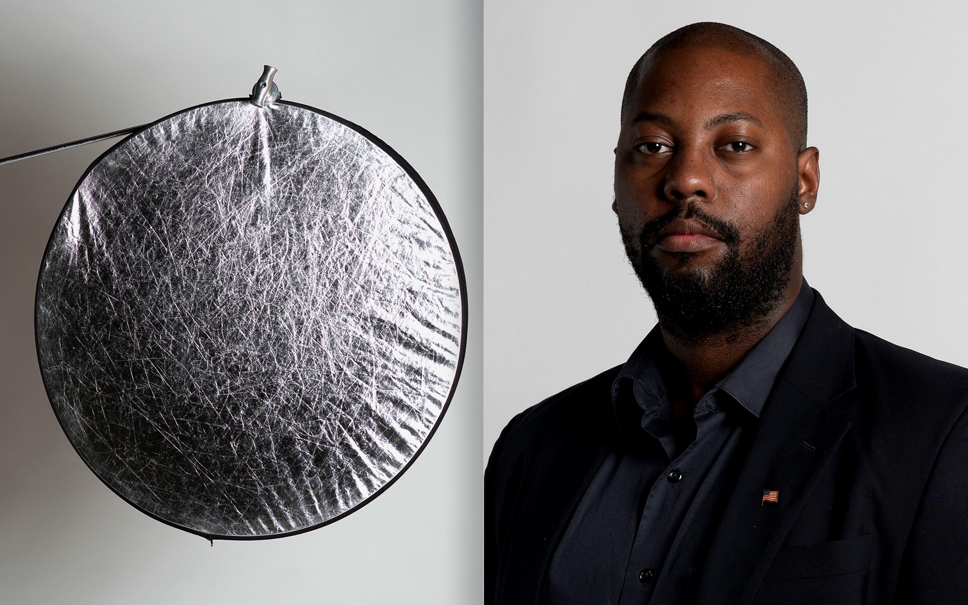 Image of a reflector and a photo taken of a subject while using a reflector.