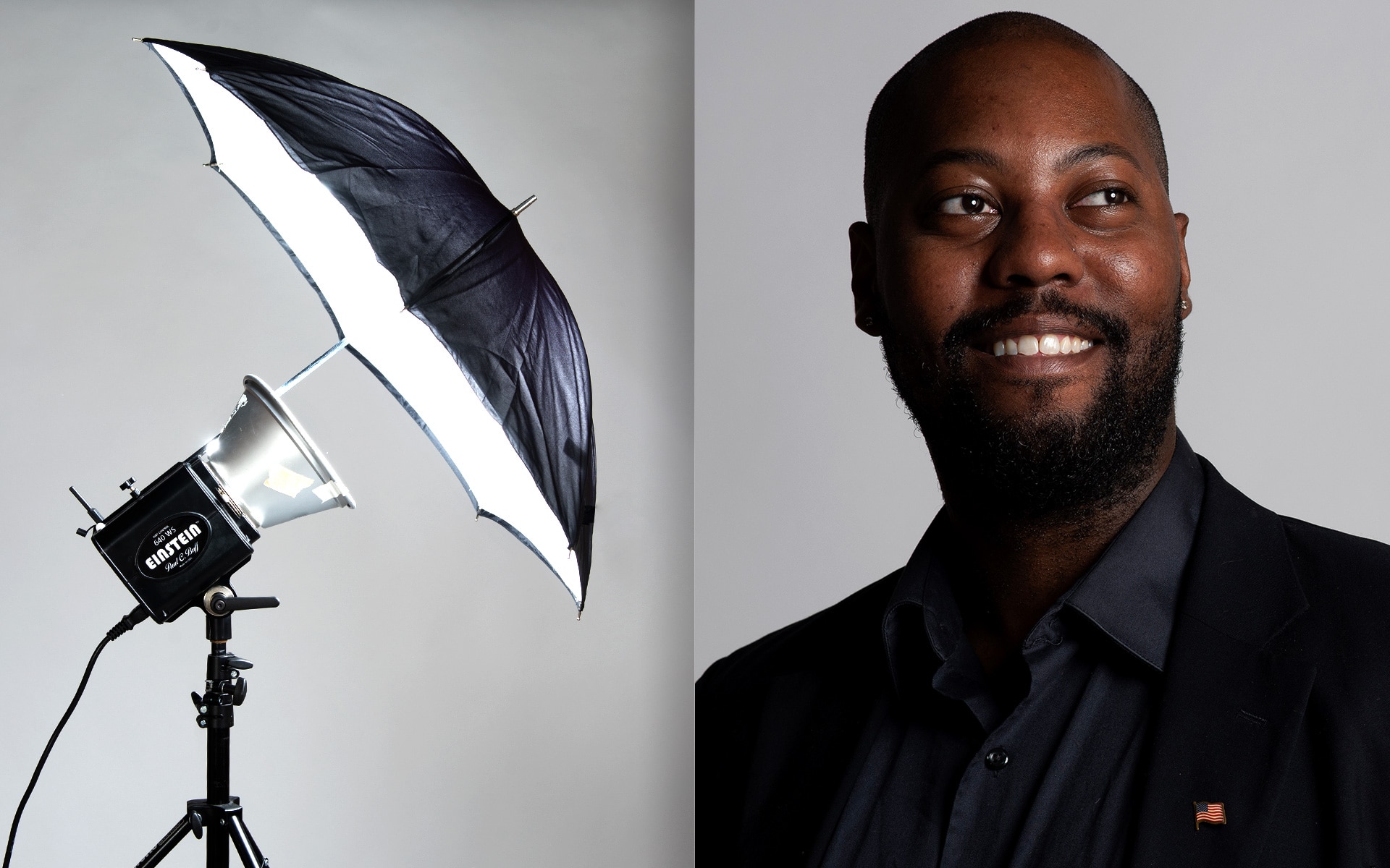 Image of a photography umbrella and a photo taken of a subject using the umbrella.
