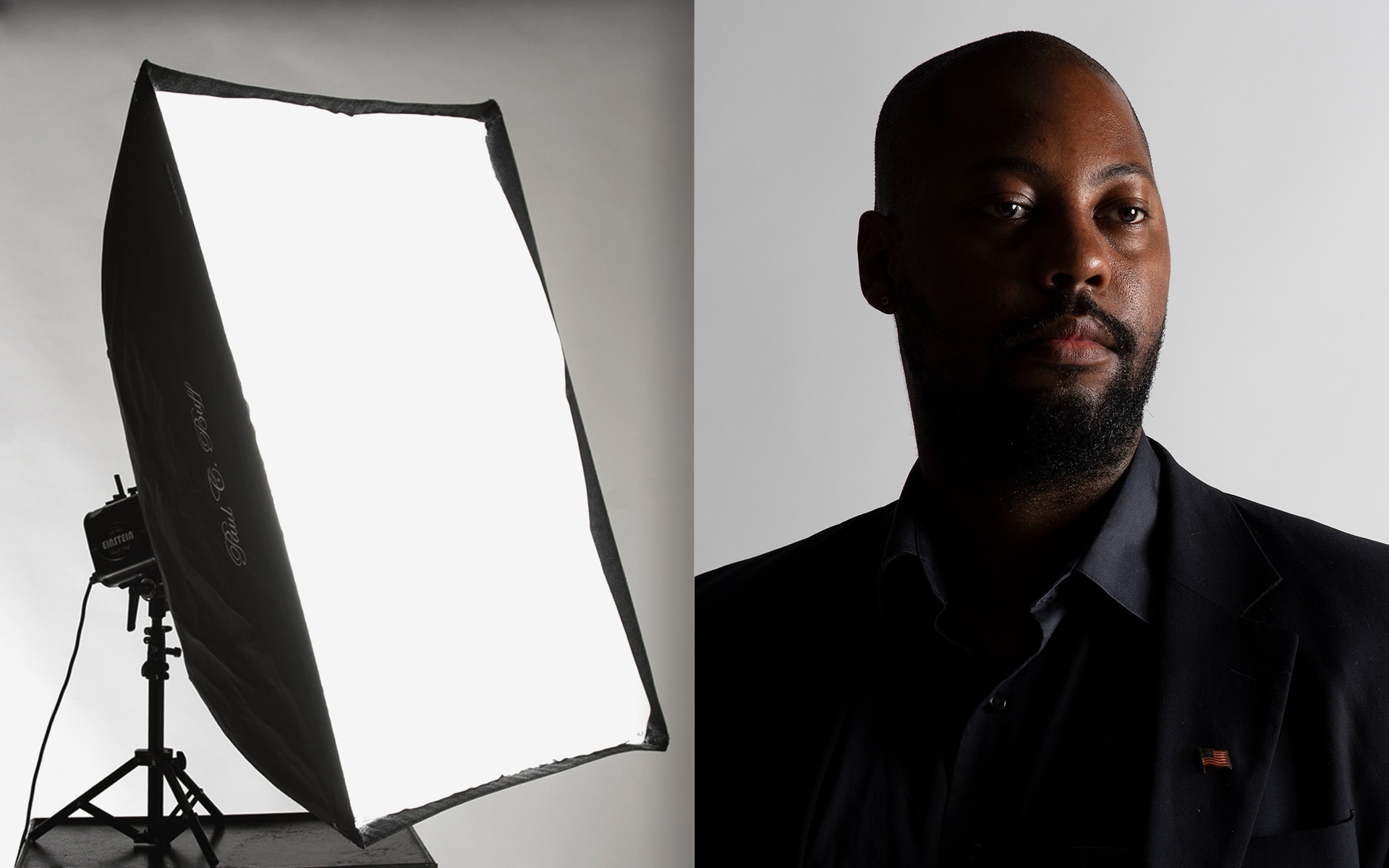 Image of a softbox and a photo taken of a subject using the softbox