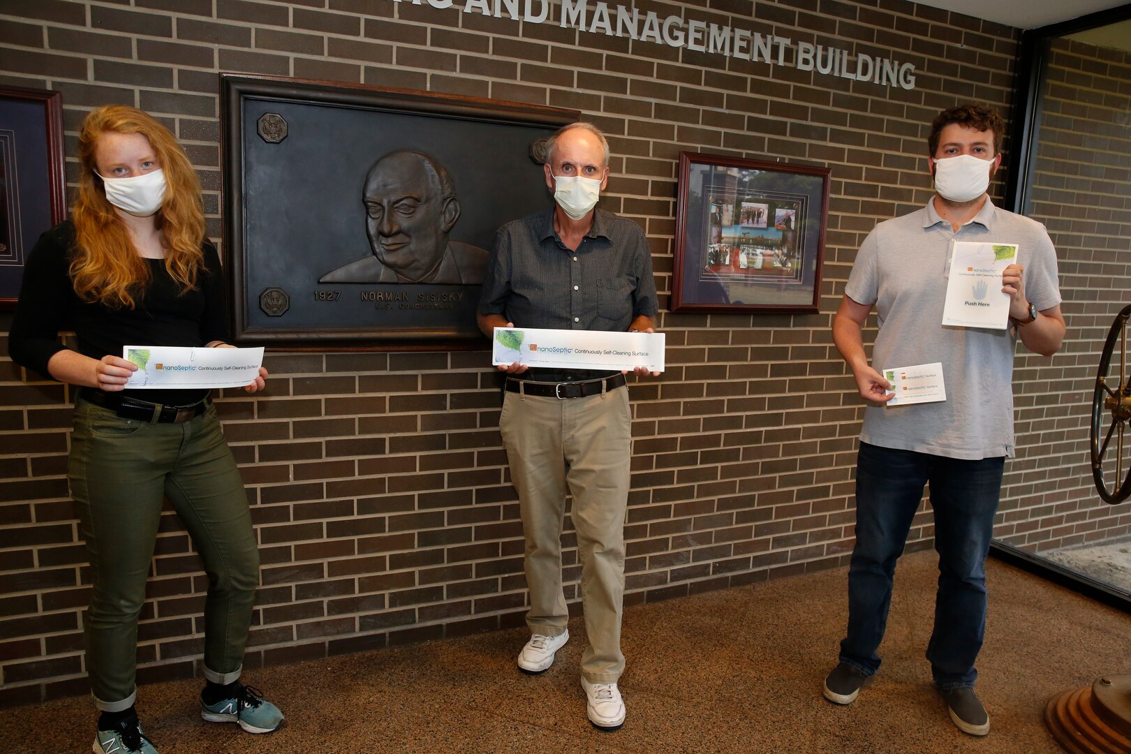 Nuclear Engineers Cynthia Raines (Code 2310.4) and Ben Campbell (2310.2) and Code 2310.4 Branch Head Rob Harrington are responsible for bringing NanoSeptic technology to NNSY. The technology self-sanitizes making high-touch areas safer for NNSY employees.