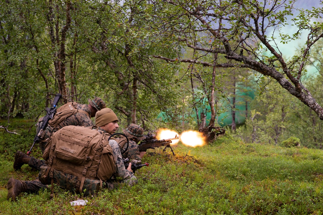 A Marine fires a weapon as other Marines gather next to him in a forest while green smoke passes through the trees.