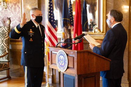 Gov. Herbert officiated at the promotion ceremony and administered the oath of office to the newly promoted Adjutant General, Maj. Gen. Michael J. Turley at the Utah State Capitol, in the Gold Room, Aug. 6, 2020.