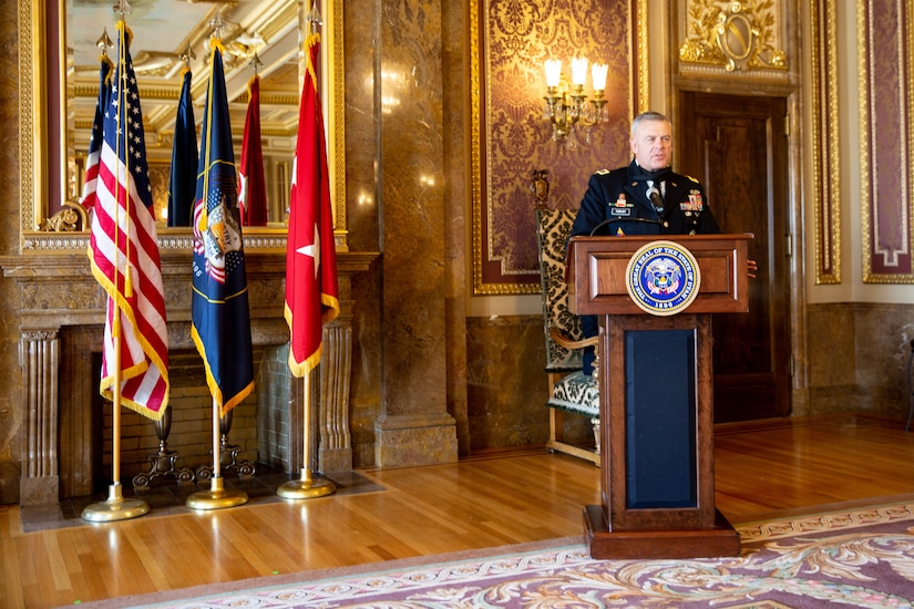 The Adjutant General, Maj. Gen. Michael J. Turley addresses those in attendance at the Utah State Capitol, in the Gold Room, after his promotion ceremony Aug. 6, 2020
