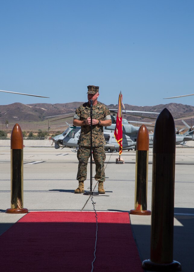U.S. Marine Corps Col. W. J. Bartolomea, commanding officer of Marine Aircraft Group 39, gives his remarks during a change of command ceremony at Marine Corps Air Station Camp Pendleton, Calif., Aug. 7, 2020. The ceremony was held to relinquish command from Lt. Col. Jeffrey M. Robb to Lt. Col. Gregory J. Youngberg. (U.S. Marine Corps photo by Lance Cpl. Jaime Reyes)
