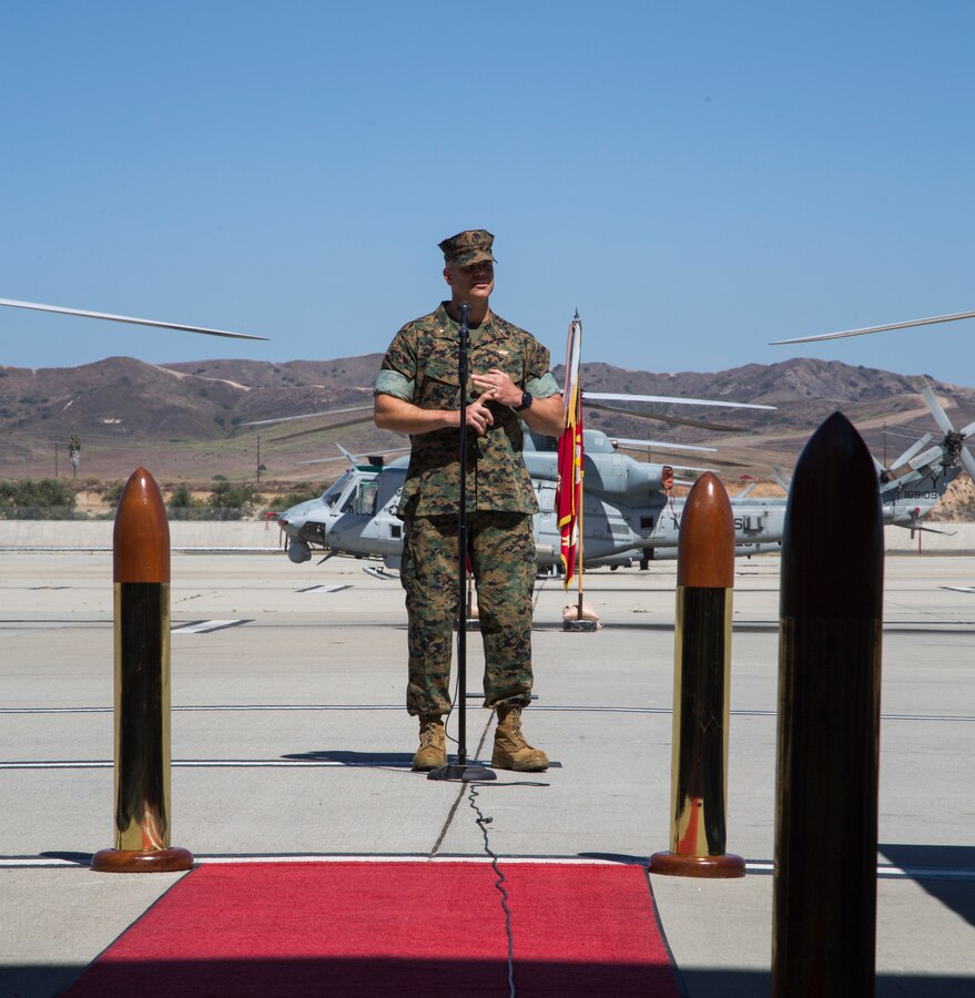 U.S. Marine Corps Lt. Col. Gregory J. Youngberg, incoming commanding officer of Marine Attack Helicopter Squadron (HMLA) 369, delivers his remarks during a change of command ceremony at Marine Corps Air Station Camp Pendleton, Calif., Aug. 7, 2020. The ceremony was held to relinquish command from Lt. Col. Jeffrey M. Robb to Youngberg. (U.S. Marine Corps photo by Lance Cpl. Jaime Reyes)