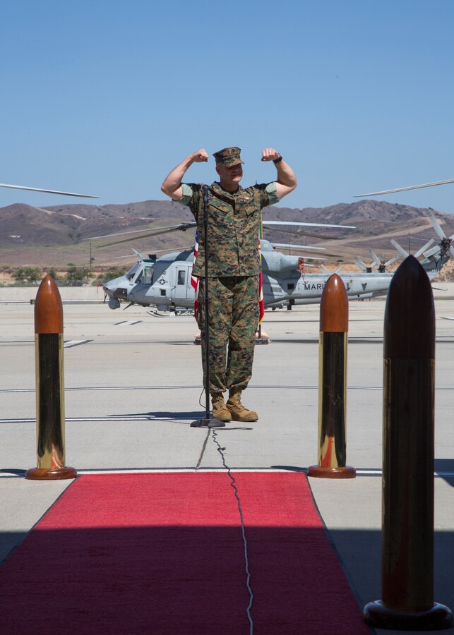 U.S. Marine Corps Lt. Col. Gregory J. Youngberg, incoming commanding officer of Marine Attack Helicopter Squadron (HMLA) 369, delivers his remarks during a change of command ceremony at Marine Corps Air Station Camp Pendleton, Calif., Aug. 7, 2020. The ceremony was held to relinquish command from Lt. Col. Jeffrey M. Robb to Youngberg. (U.S. Marine Corps photo by Lance Cpl. Jaime Reyes)