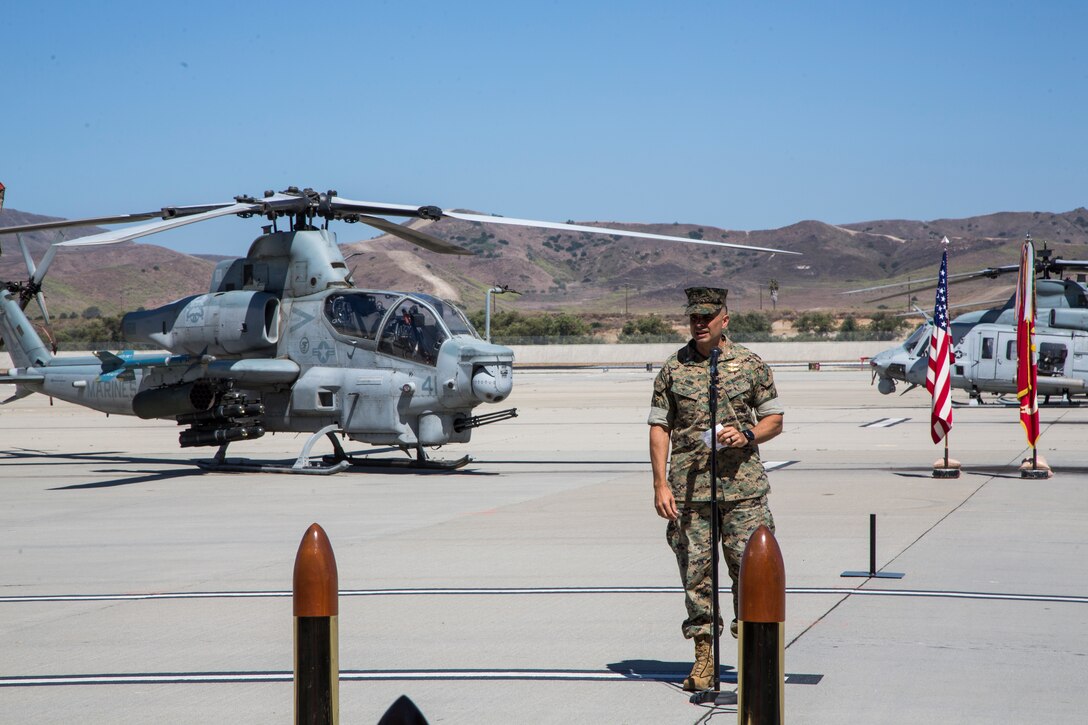 U.S. Marine Corps Lt. Col. Jeffrey M. Robb, outgoing commanding officer of Marine Attack Helicopter Squadron (HMLA) 369, delivers his remarks during a change of command ceremony at Marine Corps Air Station Camp Pendleton, Calif., Aug. 7, 2020. The ceremony was held to relinquish command from Robb to Lt. Col. Gregory J. Youngberg. (U.S. Marine Corps photo by Lance Cpl. Jaime Reyes)