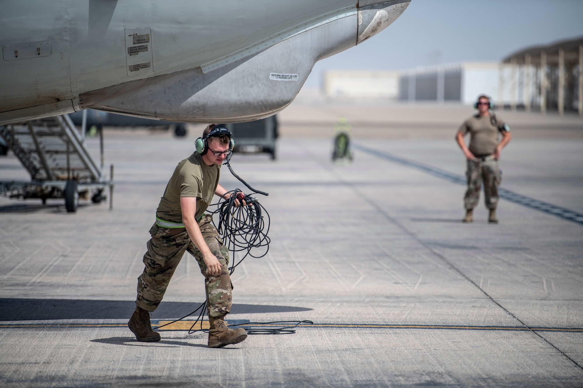 Senior Airman Nicholas Smith, 380th Expeditionary Aircraft Maintenance Squadron E-3 Sentry Aircraft Maintenance Unit, prepare E-3 Sentry for flight here July 28, 2020.