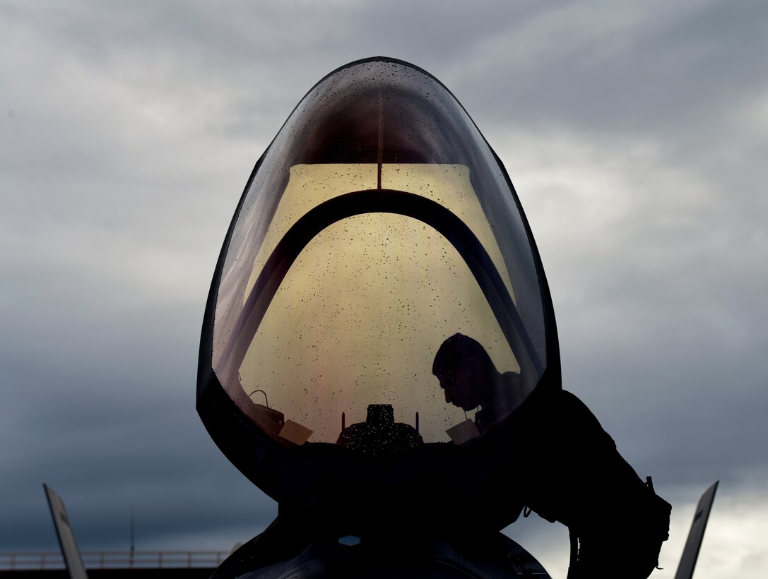 An F-35A Lightning II pilot assigned to the 4th Fighter Squadron climbs into a cockpit during RED FLAG-Alaska 20-3 at Eielson Air Force Base, Alaska, Aug. 4 2020. This iteration of RF-A was the first to feature F-35s, the newest generation of fighter aircraft in the Air Force inventory. (U.S. Air Force photo by Staff Sgt. Annalou Huerta)