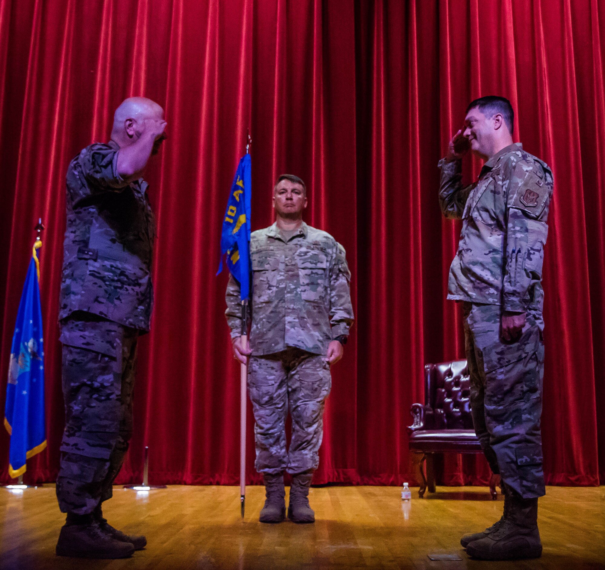 Maj. Gen. Brian Borgen, 10th Air Force commander, presides over a ceremony where Col. Lori Jones relinquishes command of the 960th Cyberspace Wing to Col. Richard Erredge Aug. 9, 2020, at Joint Base San Antonio-Lackland, Texas. (U.S. Air Force photo by Tech. Sgt. Christopher Brzuchalski)