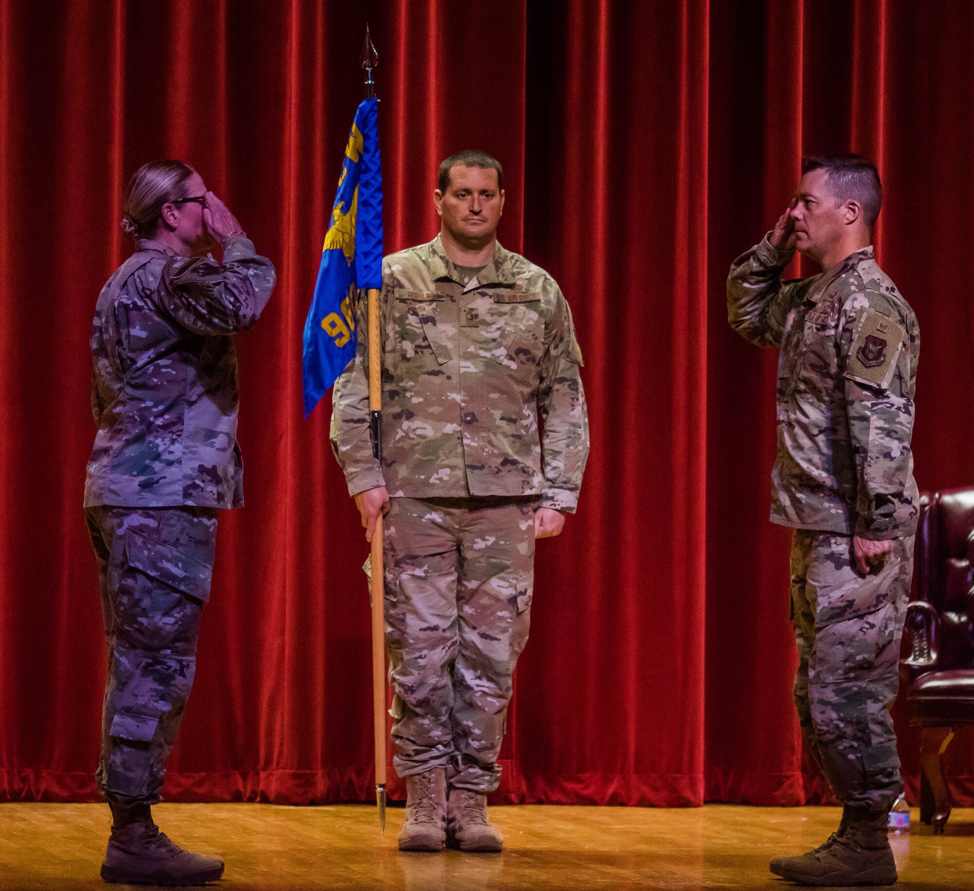 Col. Mark Estlund assumes command of the 960th Cyberspace Operations Group during a ceremony Aug. 9, 2020, at Joint Base San Antonio-Lackland, Texas, with Col. Lori Jones, 960th Cyberspace Wing commander, presiding. (U.S. Air force photo by Tech. Sgt. Christopher Brzuchalski)