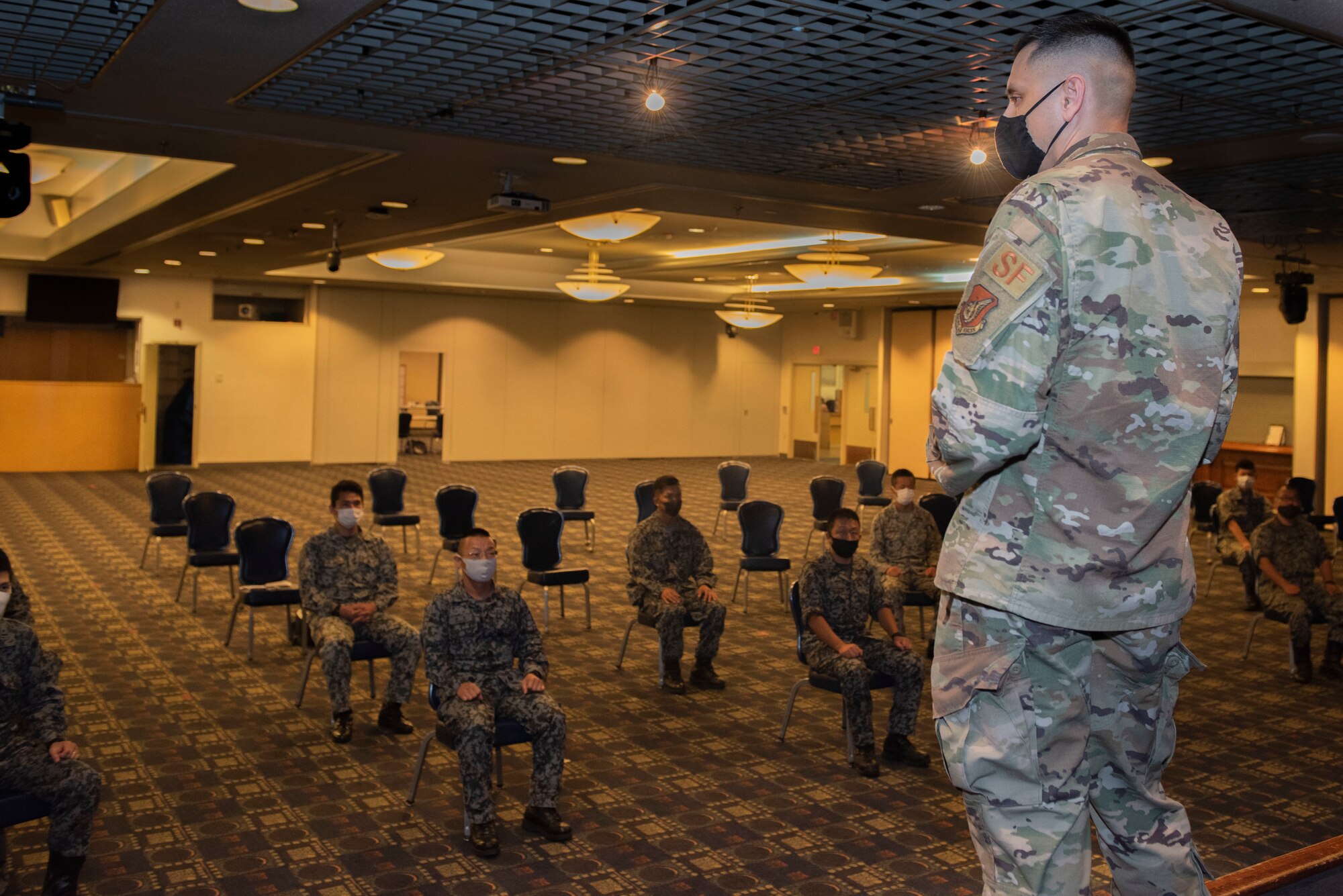 Lt. Col. Jonathan Murray, 374th Security Forces Squadron commander, provides closing remarks after the bilateral aircraft security training course at Yokota Air Base, Japan, August 7, 2020.