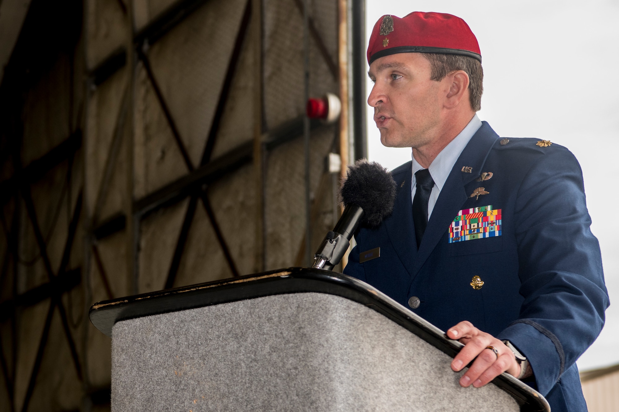 U.S. Air Force Maj. Jeff Wright, Special Tactics officer with the 24th Special Operations Wing, speaks at a ceremony on Hurlburt Field, Florida, Mar. 2, 2020. The AC-130U “Spooky” Gunship crew, Spooky 41, was recognized for their exemplary performance and battlefield coordination during a nine-hour mass casualty firefight during Operation FREEDOM’S SENTINEL near Nangarhar Province, Afghanistan, from April 3-4, 2019. Maj. Wright was being supported on the ground by Spooky 41 the day of the mission. (U.S. Air Force photo by Senior Airman Joseph P. Leveille)