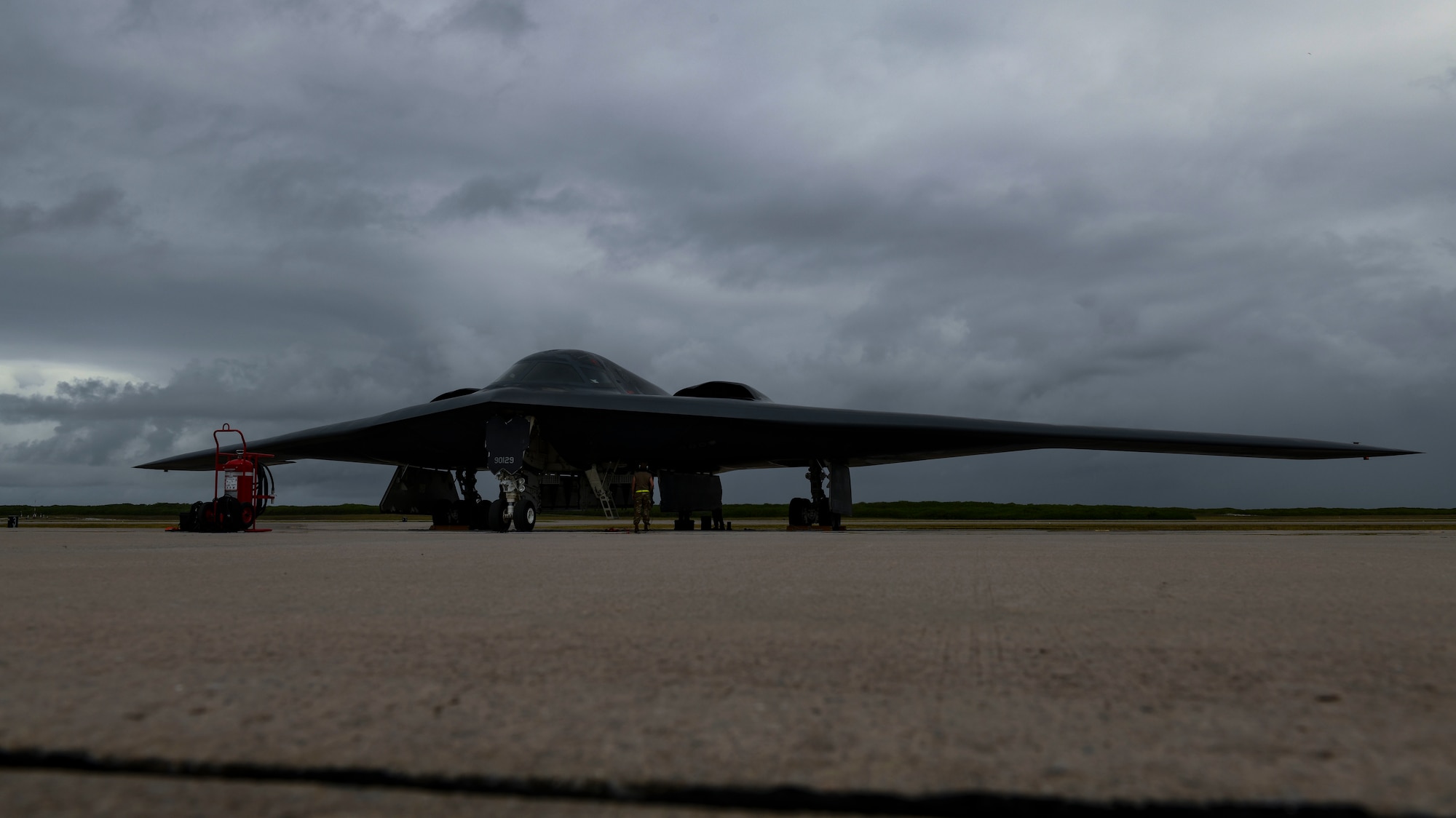 A B-2 Spirit Stealth Bomber arrives at Naval Support Facility Diego Garcia, Aug. 12, 2020. Three B-2 Spirits from Whiteman Air Force Base, Missouri, deployed to NSF Diego Garcia to support U.S. security commitments in the Indo-Pacific region. (U.S. Air Force photo by Tech. Sgt. Heather Salazar)