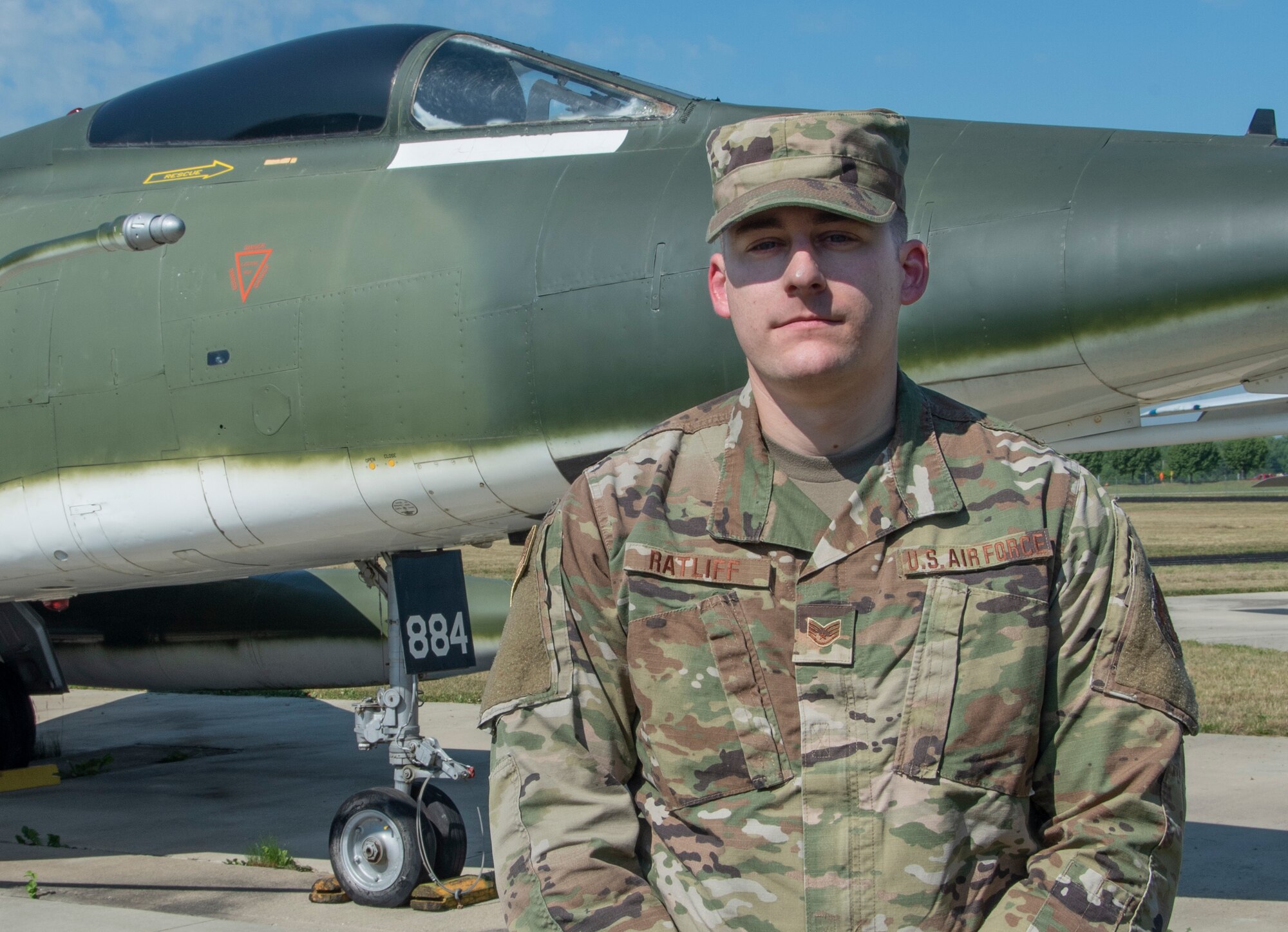 U.S. Air National Guard Staff Sgt. Codey Ratliff, an aerospace ground equipment specialist of the Maintenance Squadron and an augmentee of the Security Forces Squadron at the 121st Air Refueling Wing, is recognized at Rickenbacker Air National Guard Base, July 13, 2020. While off-duty, Ratliff witnessed a vehicle accident and used his training from the Guard and the police academy to quickly respond. (U.S. Air National Guard photo by Airman 1st Class Mikayla Gibbs)