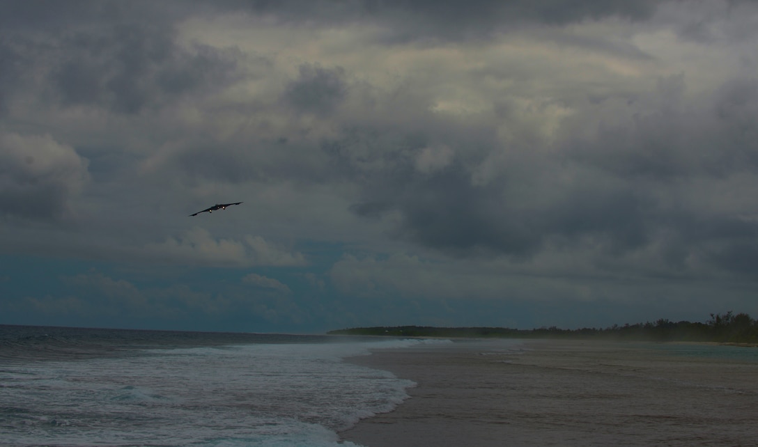 A B-2 Spirit Stealth Bomber arrives at Naval Support Facility Diego Garcia,  Aug. 12, 2020. Three B-2s deployed to the Indo-Pacific region in support of the National Defense Strategy to ensure a free and open Indo-Pacific. (U.S. Air Force photo by 1st Lt. Michael Hardy)