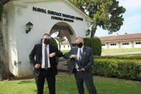 Naval Surface Warfare Center, Corona Division Metrology and Calibration (METCAL) Chief Engineer Robert E. Fritzsche was awarded the Jerry L. Hayes Award on Thursday, August 6, 2020 by NSWC Corona Commanding Officer Capt. Khary Hembree-Bey and Technical Director Dianne Costlow, SES. Mr. Fritzsche was recognized for his continuation of Jerry Hayes' legacy of excellence through his decades of service to NSWC Corona. Here, he is joined by NSWC Corona Measurement Science and Engineering Department Head Richard Schumacher.