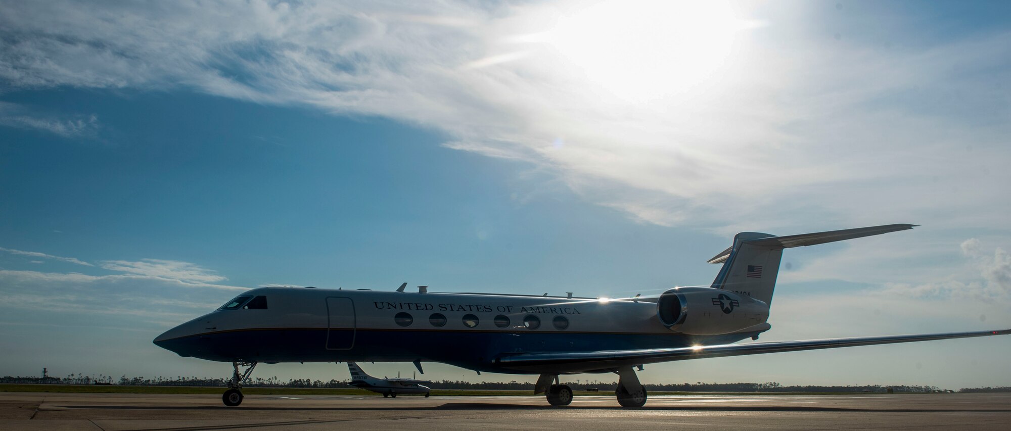 A U.S. Air Force C-37A/B aircraft lands on the flight line at Tyndall Air Force Base, Florida, Aug. 11, 2020. The twin-engine, turbofan aircraft was acquired to fulfill worldwide special airlift missions for high ranking government and Department of Defense officials. (U.S. Air Force photo by Staff Sgt. Magen M. Reeves)