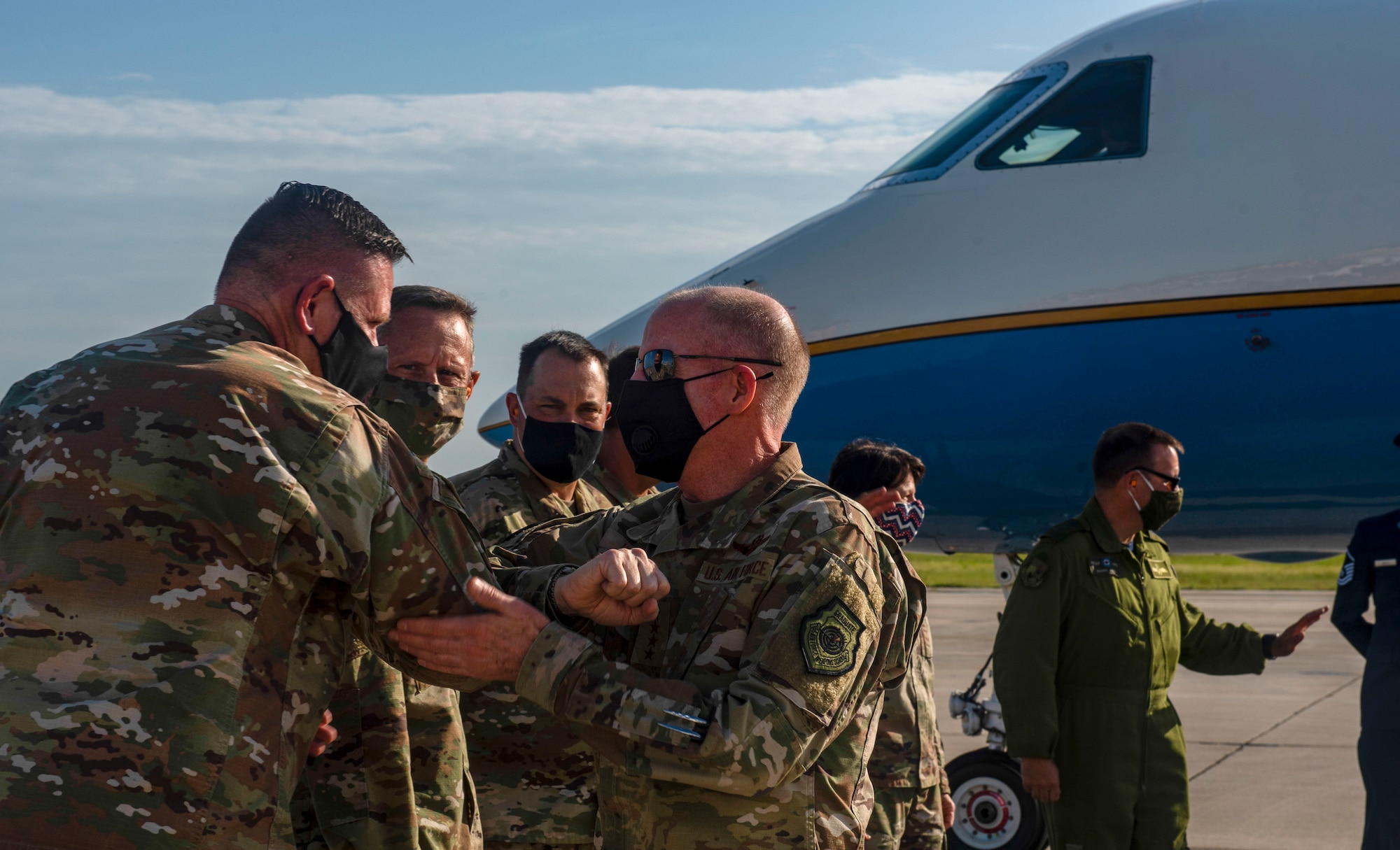 U.S. Air Force Vice Chief of Staff Gen. Stephen Wilson, right, greets Col. Gregory Beaulieu, 325th Mission Support Group commander, left, on the flight line at Tyndall Air Force Base, Florida, Aug. 11, 2020. Wilson was greeted by installation leadership during his visit to Team Tyndall, where he viewed the base’s Hurricane Michael rebuild progress and was also briefed on the base’s recent successes. (U.S. Air Force photo by Staff Sgt. Magen M. Reeves)