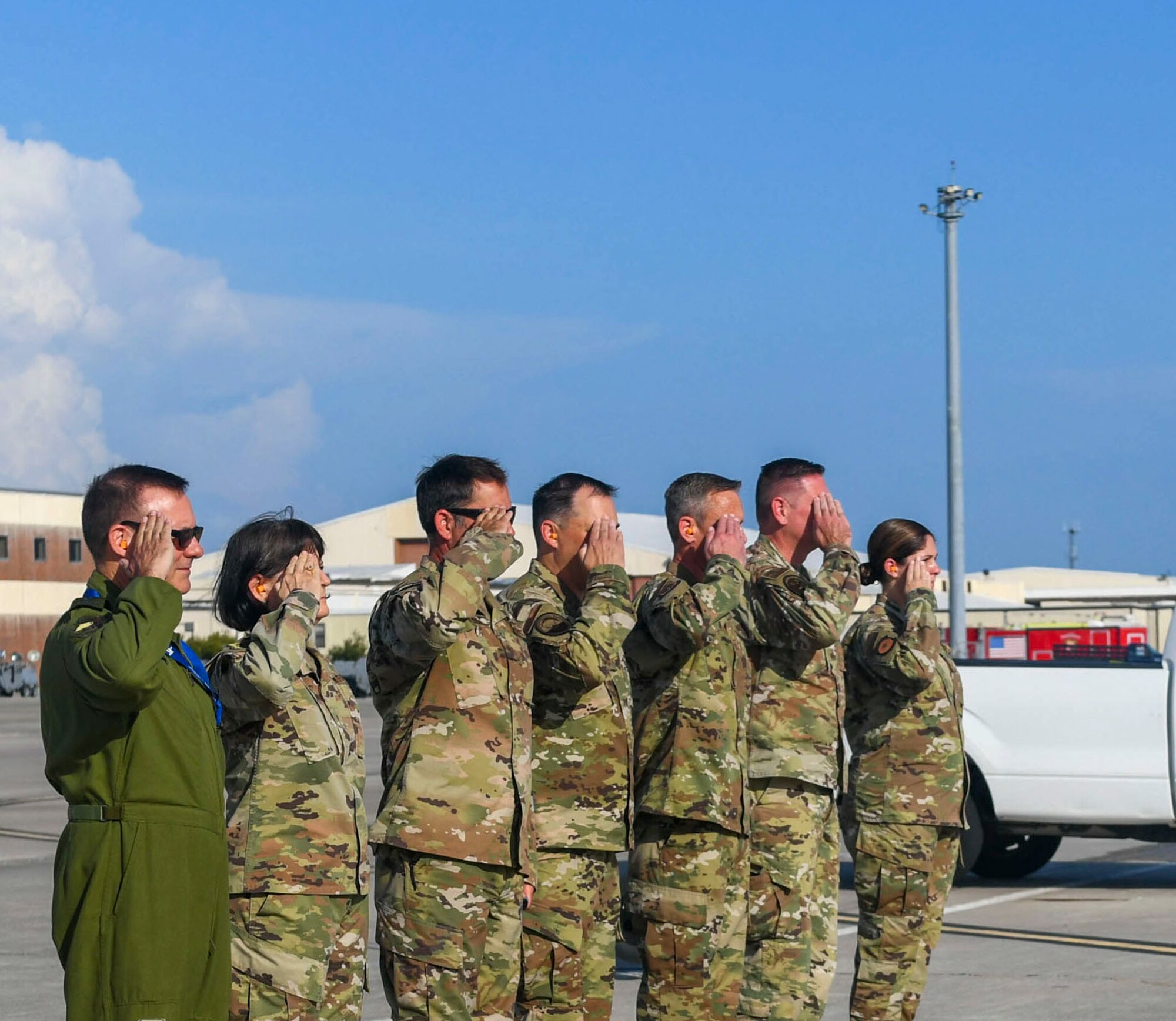 U.S. Air Force installation leadership salutes a distinguished visitor aircraft at Tyndall Air Force Base, Florida, Aug. 11, 2020. The base hosted U.S. Air Force Vice Chief of Staff Gen. Stephen Wilson for a tour covering the rebuild after Hurricane Michael. During the visit, Wilson was also briefed on the base’s recent successes and milestones. (U.S. Air Force photo by Airman Anabel Del Valle)